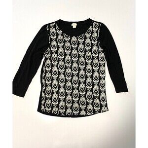J. Crew Black Long-Sleeve T-Shirt Tee Ivory Embroidery 100% Cotton‎ S